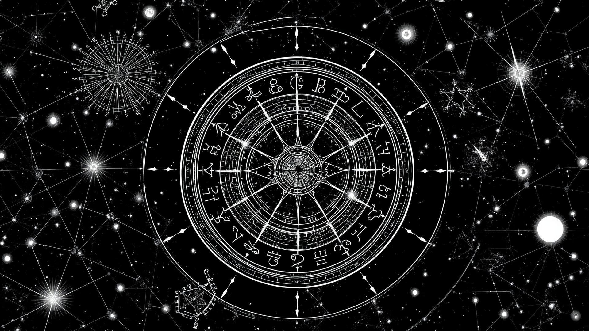 Stylized black-and-white astrological chart wheel surrounded by constellations — brand teaser for the in-development AI Astrology platform