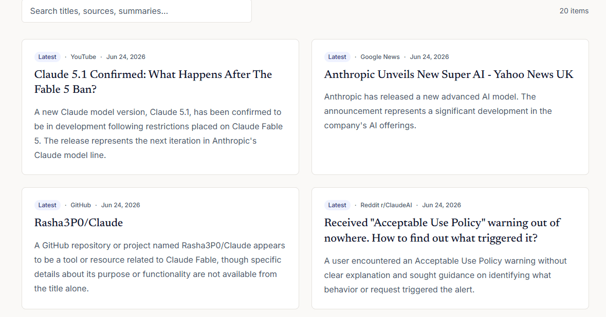 Everything Claude Fable's content directory, showing article cards aggregated from YouTube, Google News, GitHub, and Reddit with source labels and dates