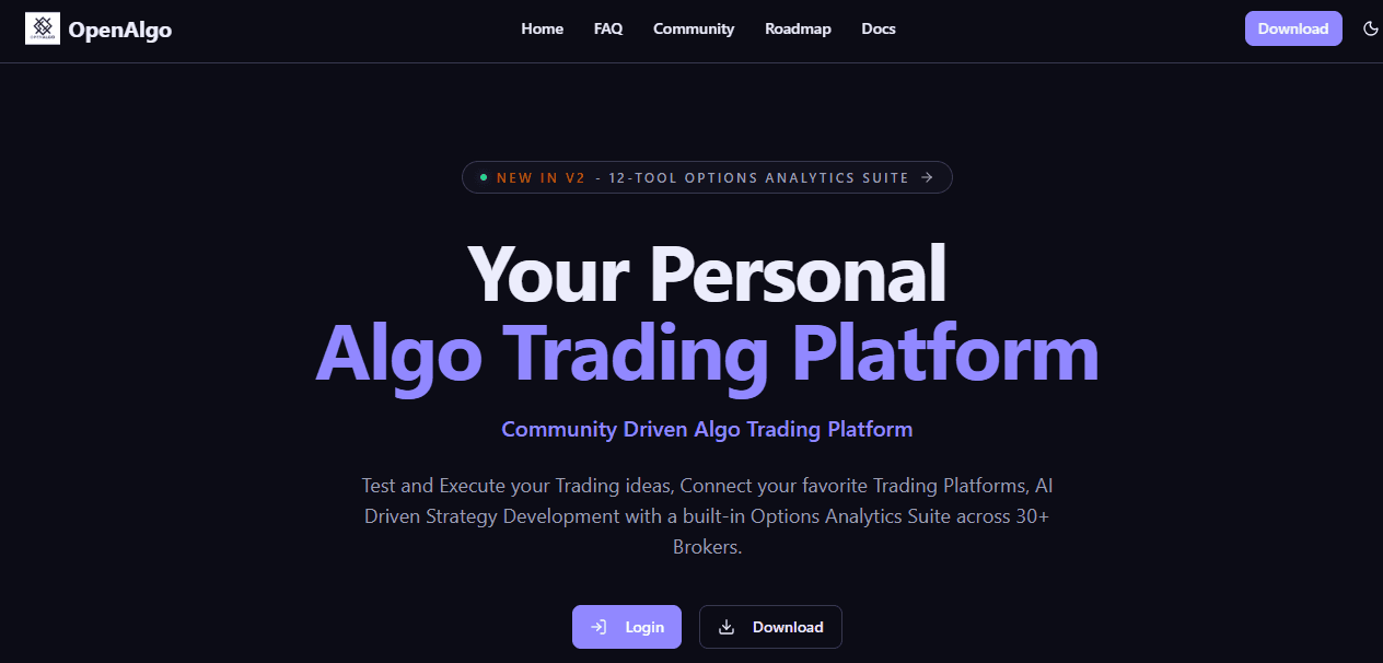 Homepage of the open-source OpenAlgo trading platform, which Enable extended with a custom Kotak Neo integration