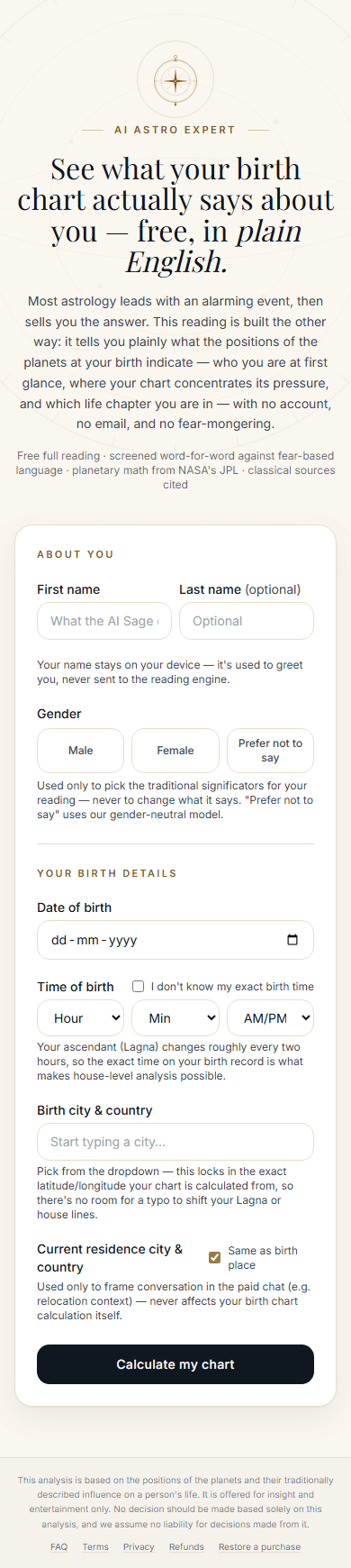 AI Astro Expert landing page on a mobile viewport, headline and form stacked